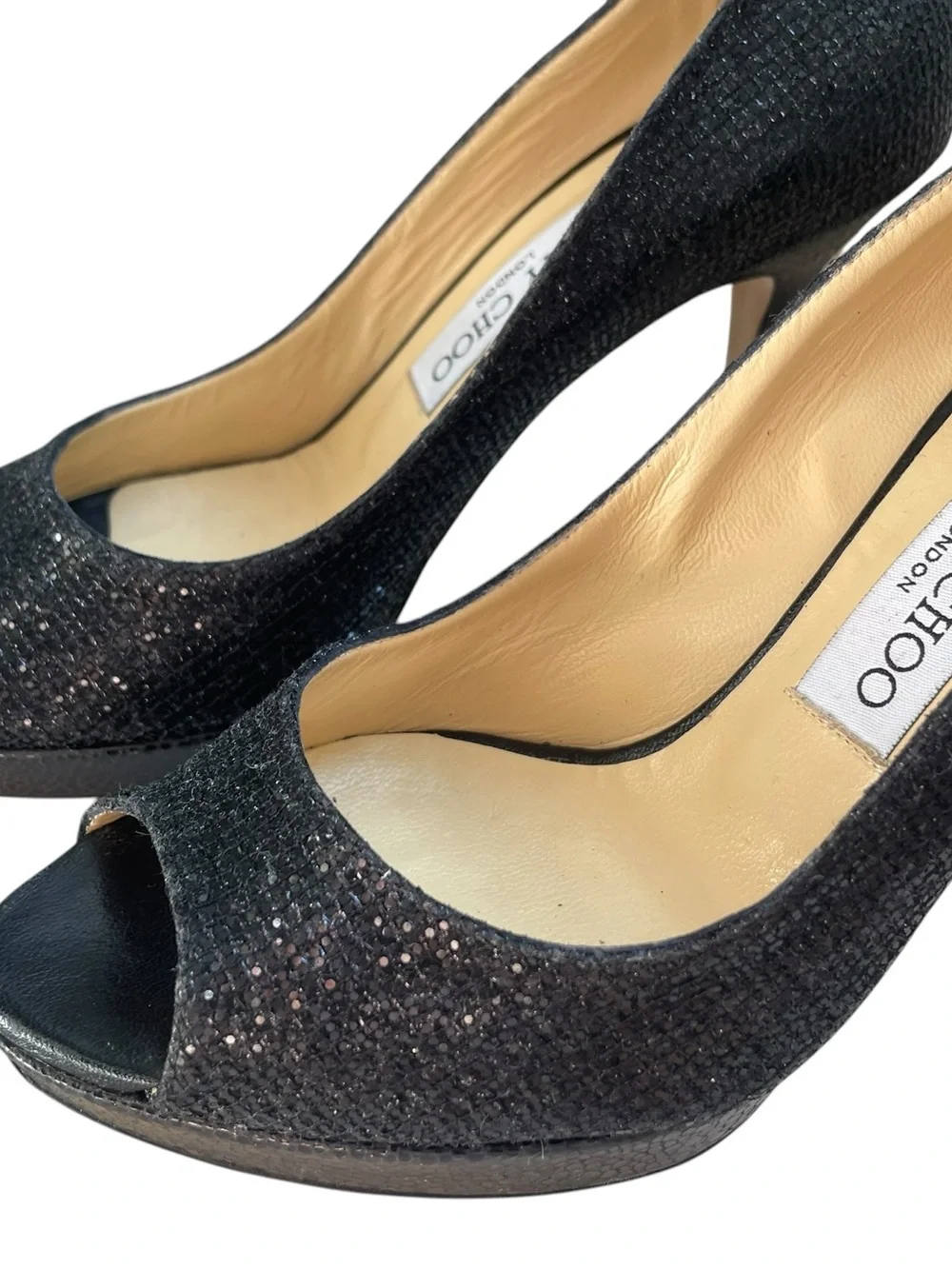 JIMMY CHOO LONDON 247 LUNA Black Glitter Fabric Peep Stiletto Pumps Leather 6.5